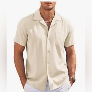 Tommy Bahama, pale yellow, short sleeve silk, button-down shirt, size medium